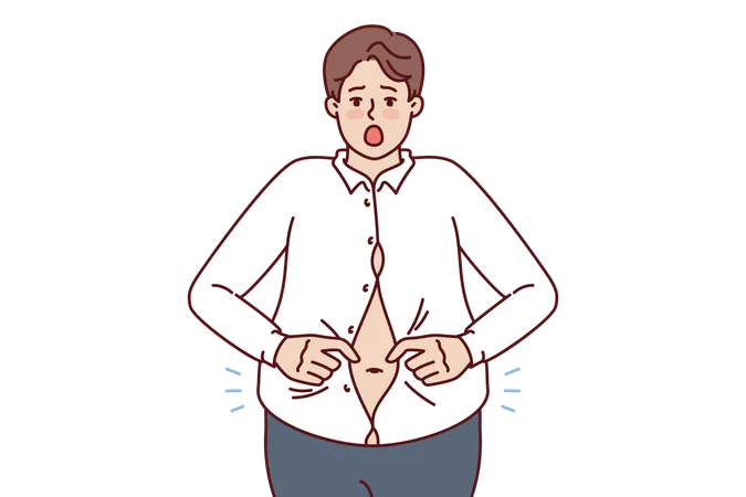 Fat Man With Big Belly Is Trying To Button Up Small Shirt And Is Screaming In Excitement At Being Overweight Overweight Guy Needs Help Of Nutritionist Or Fitness Trainer To Get Rid Of Excess Weight イラスト