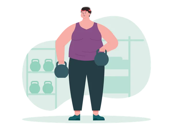 Fat man lifting kettlebell  Illustration