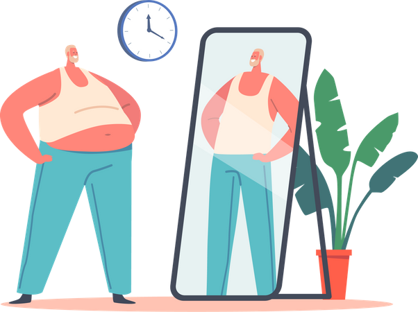 Fat Man Look At Mirror Reflection And Dreaming To Be Beautiful Confident Male  Illustration