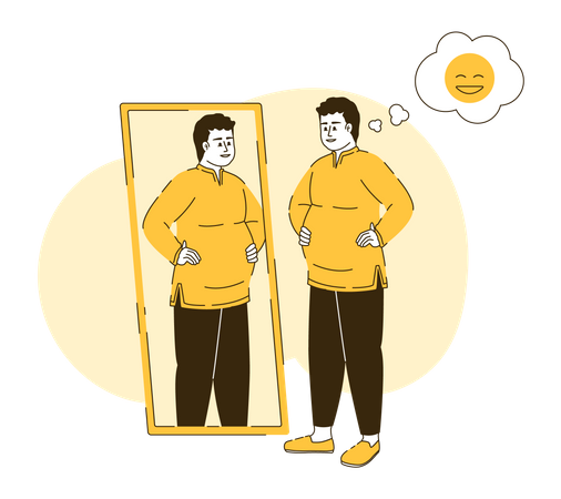 Fat man looking in mirror  イラスト