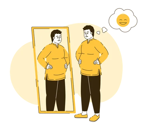 Man Accepting Himself 2 D Vector Isolated Linear Illustration Looking In Mirror Thin Line Flat Character On Cartoon Background Colorful Editable Scene For Mobile Website Presentation Illustration