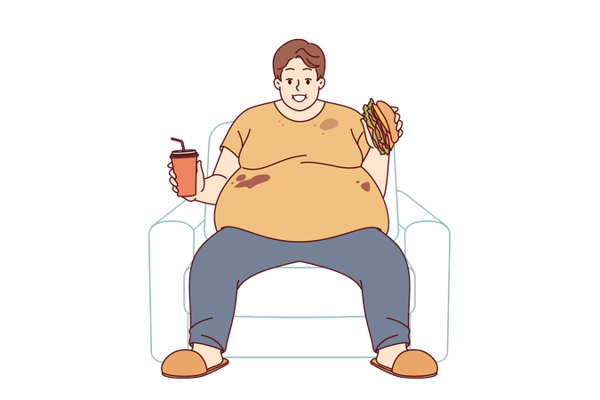Fat man suffers from obesity caused by problem of overeating sitting on sofa with burger and soda  Illustration