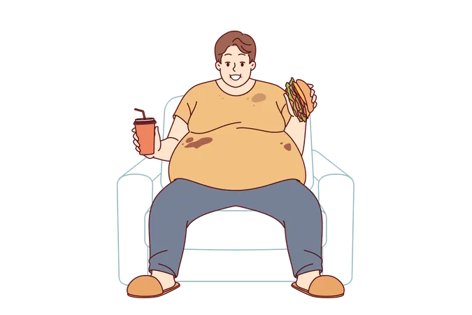 Fat man suffers from obesity caused by problem of overeating sitting on sofa with burger and soda  Illustration
