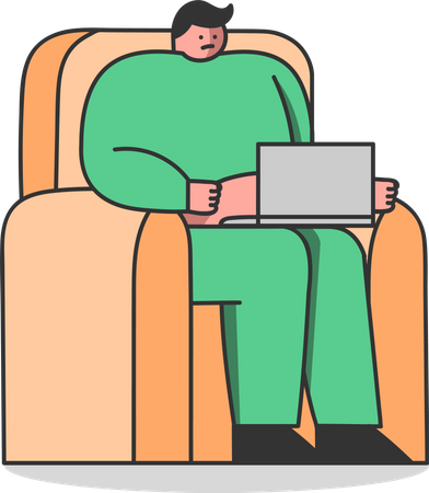 Fat man with laptop sitting in armchair  Illustration