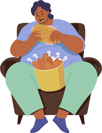 Fat woman eating fried chicken legs  Illustration