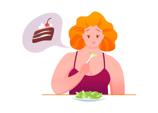 Fat woman eating healthy food  Illustration