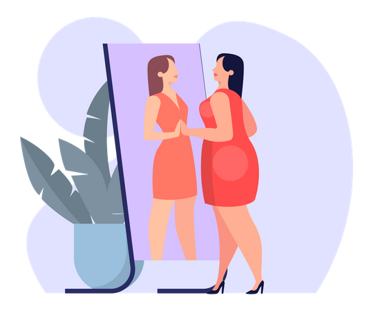 Fat woman in red dress looking at the mirror reflection Admire herself Imagine Slim and Fit  Illustration