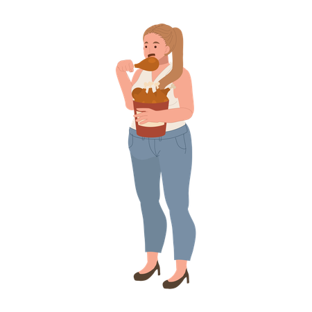 Fat woman is happily enjoying her fast food meal  Illustration