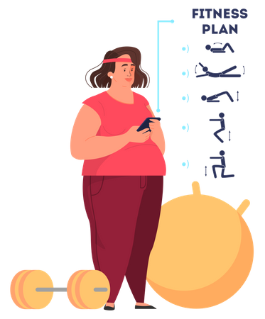 Fat woman making a fitness plan and training to have a fit figure  Illustration