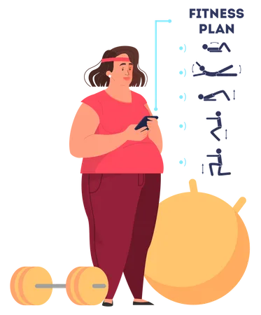 Fat woman making a fitness plan and training to have a fit figure  Illustration