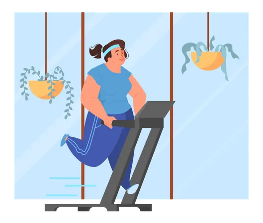 Fat woman running on a treadmill, doing exercise Illustration