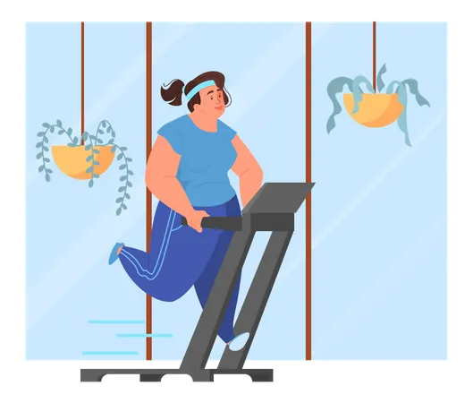 Fat woman running on a treadmill, doing exercise  Illustration