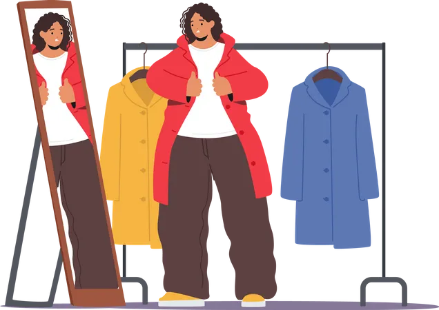 Fat Woman Struggle To Zip Small Clothes In Front Of Mirror Feeling Uncomfortable And Self Conscious About Her Body Size Overweight Female Character Try On Apparel Cartoon People Vector Illustration イラスト