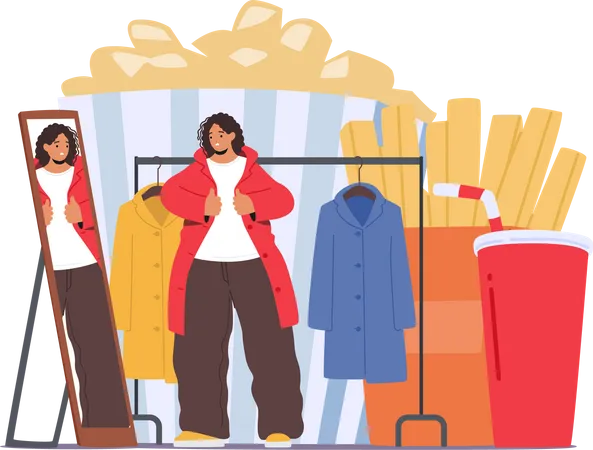 Fat Woman Trying Tight Clothes Struggling To Fit Frustrated Tugging And Sweating Struggling To See Herself In The Mirror Female Character With Obesity Shopping Cartoon People Vector Illustration Illustration
