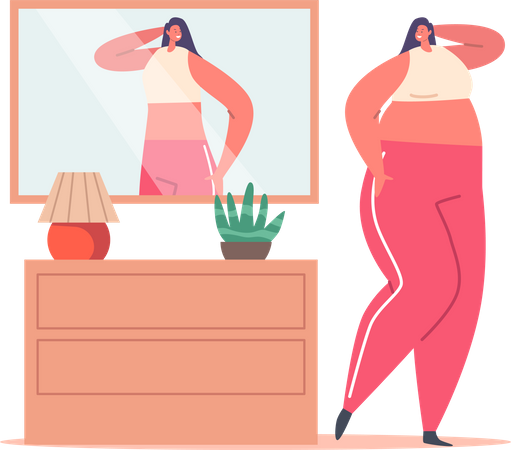Fat Woman With Distorted Inadequate Perception Looking In Mirror Illustration