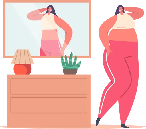 Fat Woman With Distorted Inadequate Perception Looking In Mirror Illustration