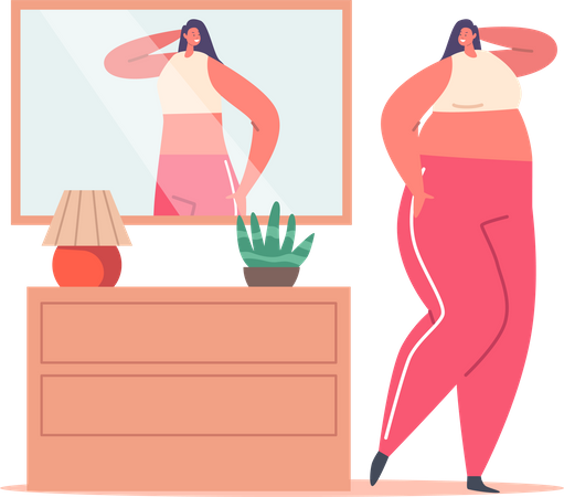 Fat Woman With Distorted Inadequate Perception Looking In Mirror  Illustration