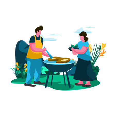 Father and child barbecuing in the backyard  Illustration