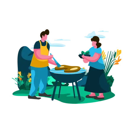 Father and child barbecuing in the backyard  イラスト