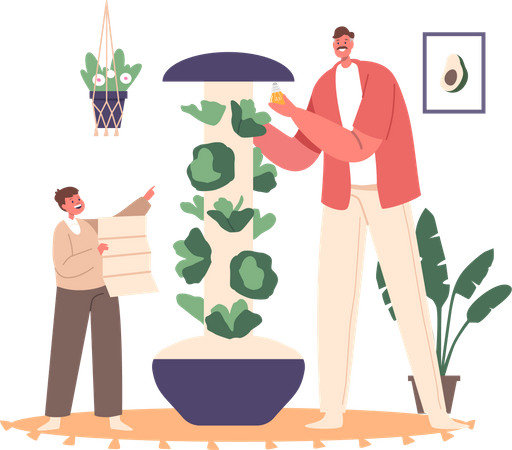 Father and Child Engage in Home Gardening  Illustration