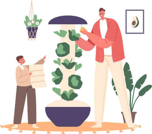Father And Child Engage In Home Gardening Family Characters Cultivating Greenery Indoors Using Special Equipment Growing Healthy Food Herbs And Microgreens Cartoon People Vector Illustration Illustration