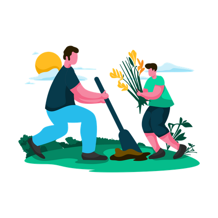 Father and child gardening together Illustration
