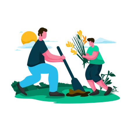 Father and child gardening together Illustration