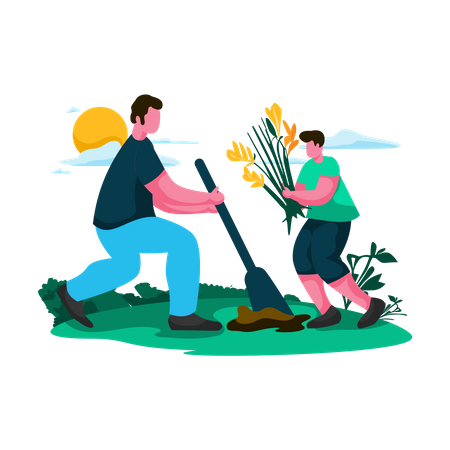 Father and child gardening together  Illustration