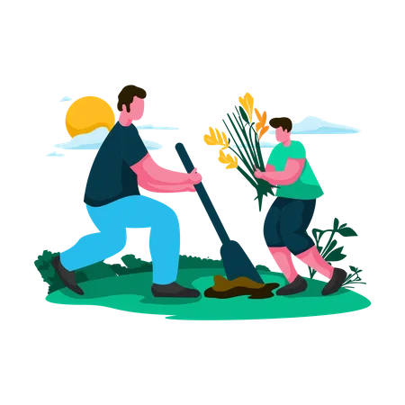 Father and child gardening together  Illustration