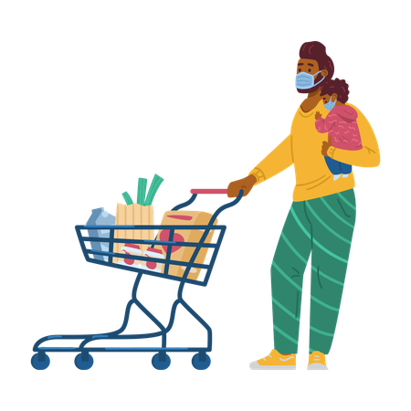 Father and child in masks shopping during pandemic  Illustration