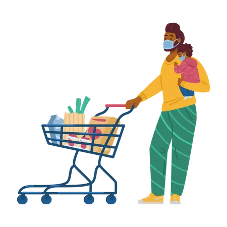 Father and child in masks shopping during pandemic  Illustration