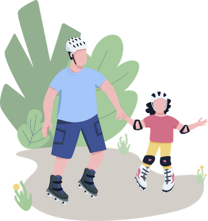 Father and child roller skating  Illustration