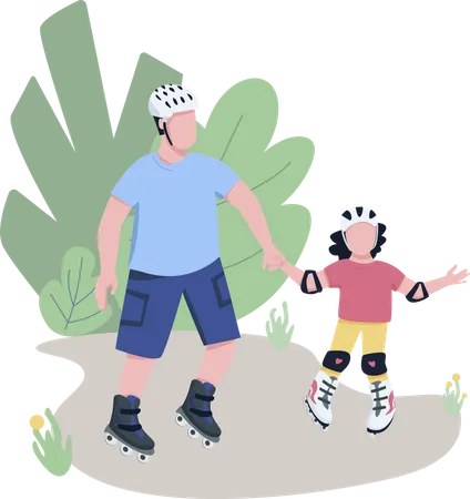Father And Child Roller Skating Flat Color Vector Faceless Characters Dad And Daughter Rollerblading In Park Happy Family Moments Isolated Cartoon Illustration For Web Graphic Design And Animation Illustration
