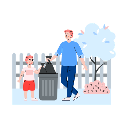 Father and child tidying up garden  Illustration