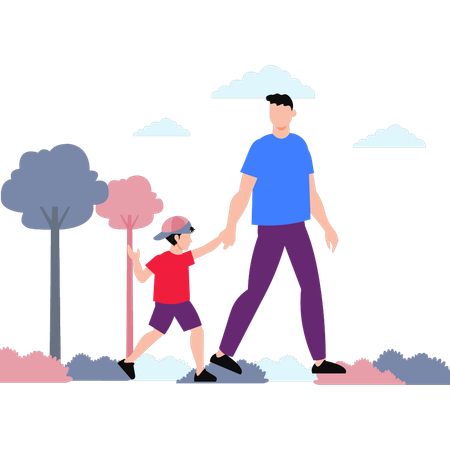 Father And Child Walking In Park  Illustration