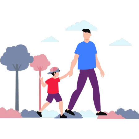 Father And Child Walking In Park  Illustration