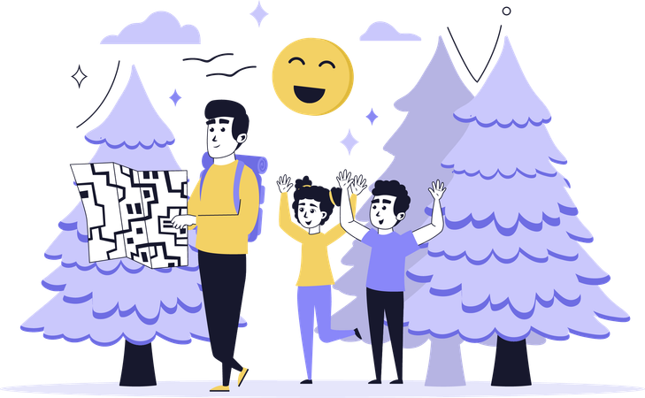 Father and children doing summer camping  Illustration