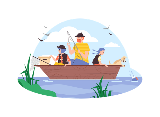 Father and children engaged in fishing  Illustration
