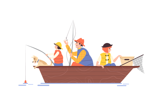 Father and children fishing in boat together  Illustration