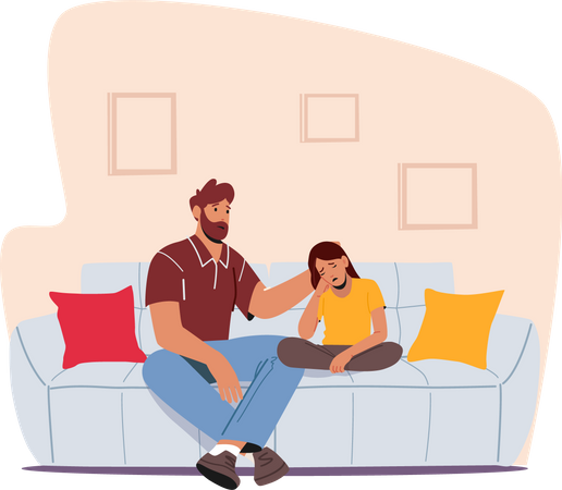 Father and Crying Daughter Sitting on Sofa in Room Illustration