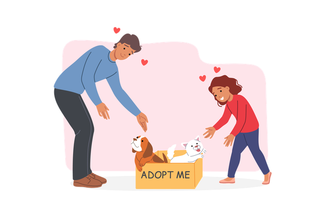 Father and daughter adopting pets  Illustration