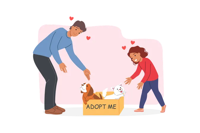 Father and daughter adopting pets  Illustration