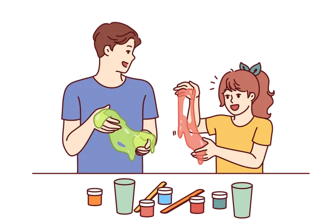 Father And Daughter Conduct Chemical Experiments Holding And Playing With Slime Developing Intelligence And Creativity Of Child Happy Teenage Boy Showing Little Sister Funny Reaction Chemicals Illustration