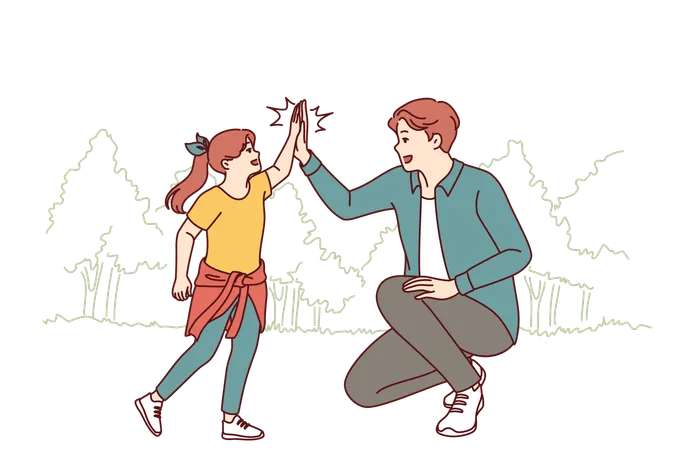 Dad Gives Hi Five To Little Daughter During Walk Together In Park In Hot Summer Weather Cheerful Teenager Girl Together With Young Dad Is Resting In Nature Enjoying Active Rest On Sunday Illustration
