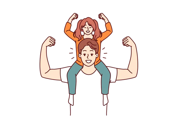 Little Daughter Sits On Shoulders Of Strong Father And Demonstrates Biceps Wanting To Become Like Dad Preteen Girl Together With Father Or Older Brother For Generational Succession Concept Illustration