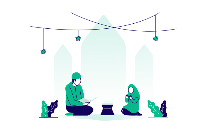 Father and daughter are praying reading quran Illustration