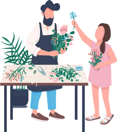 Father and daughter arranging flowers together  Illustration