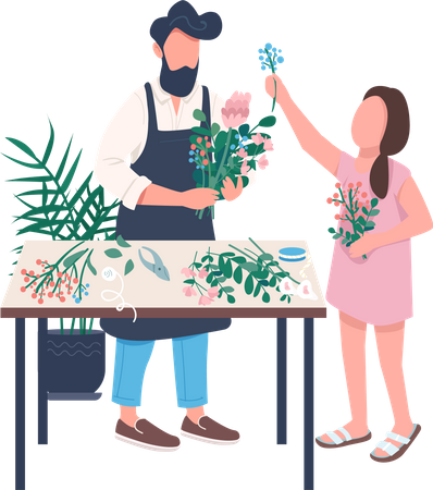 Father and daughter arranging flowers together  일러스트레이션