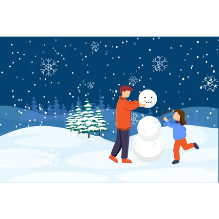 Father and daughter building snowman  Illustration