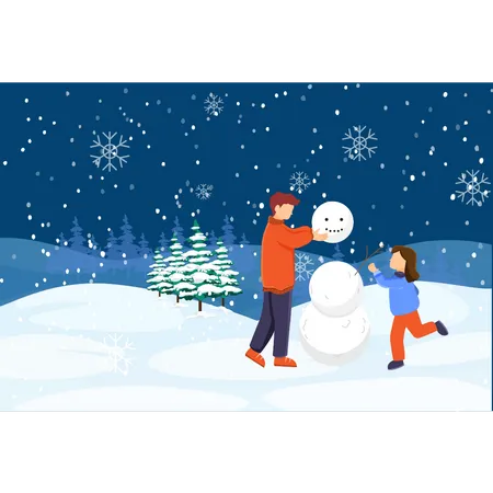 A Boy And A Child Are Building A Snowman Illustration